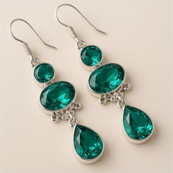 Paraiba Tourmaline ✦ 3-Stone Drop Earrings ✦ Sterling Silver Handmade Statement - Picture 6 of 11
